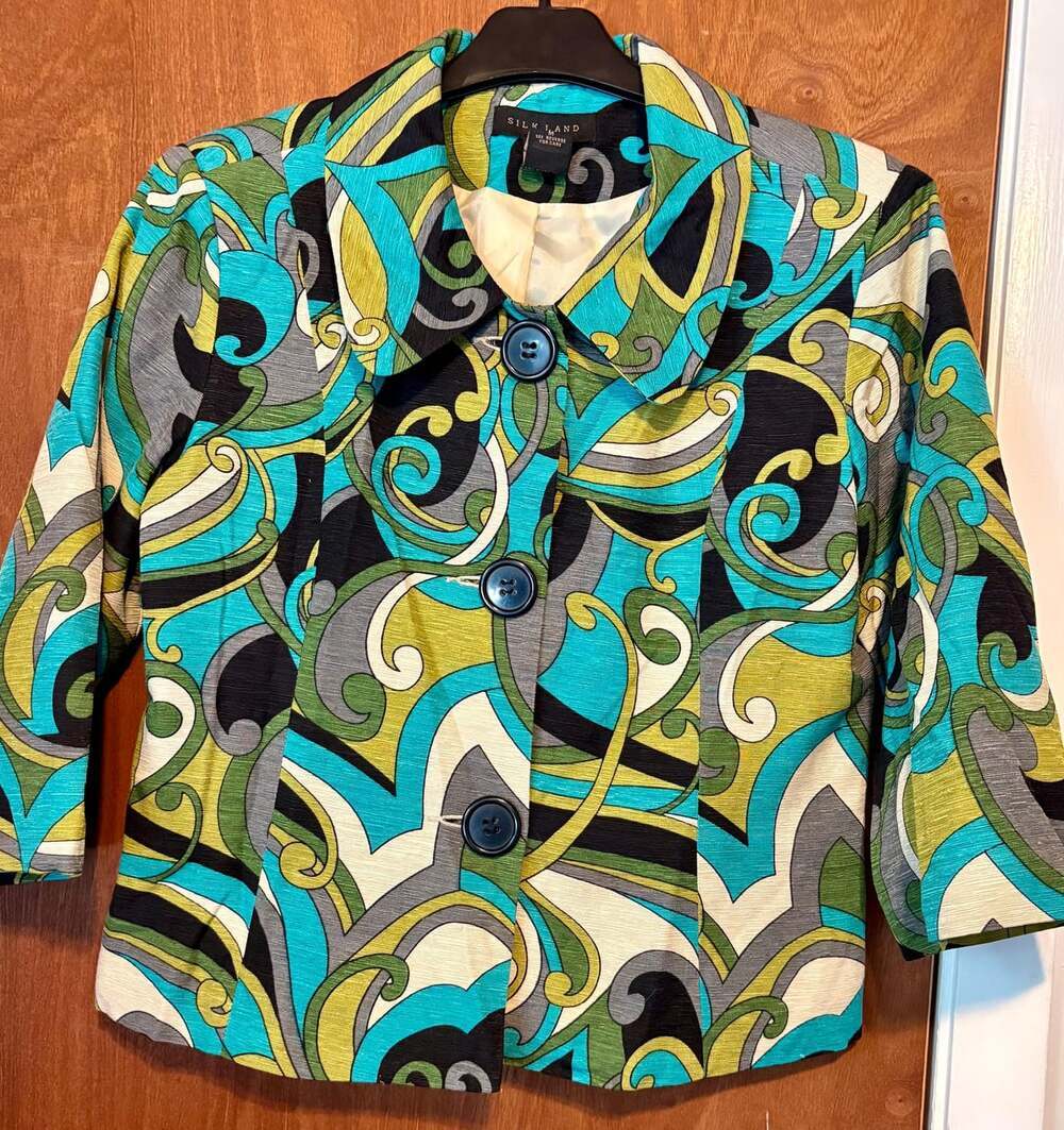 Silkland 100% Silk Cropped Jacket | Mod 60s-Style Psychedelic Swirl Print | Teal